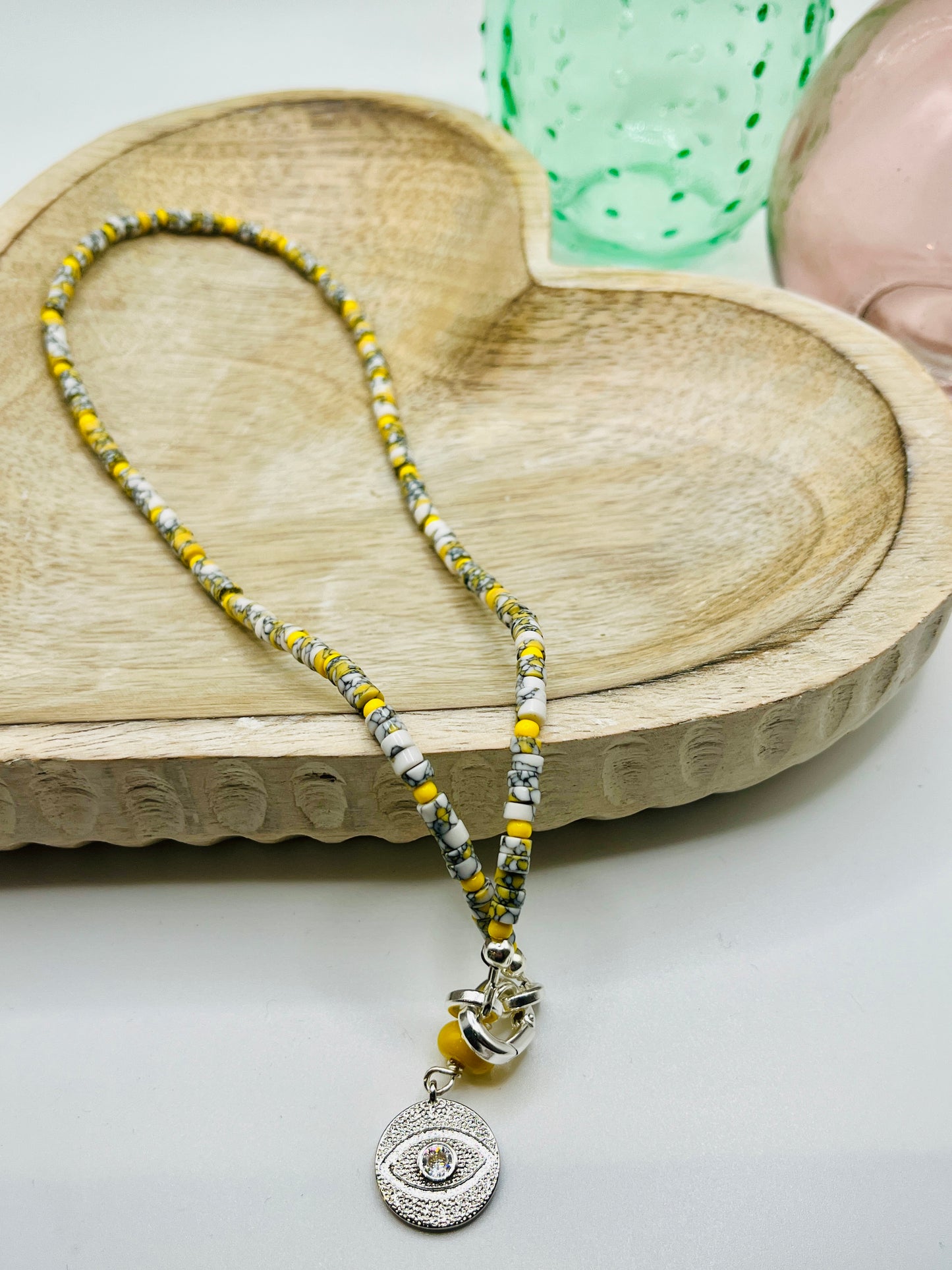 Howlite and Yellow Bead Necklace with Silver Charm