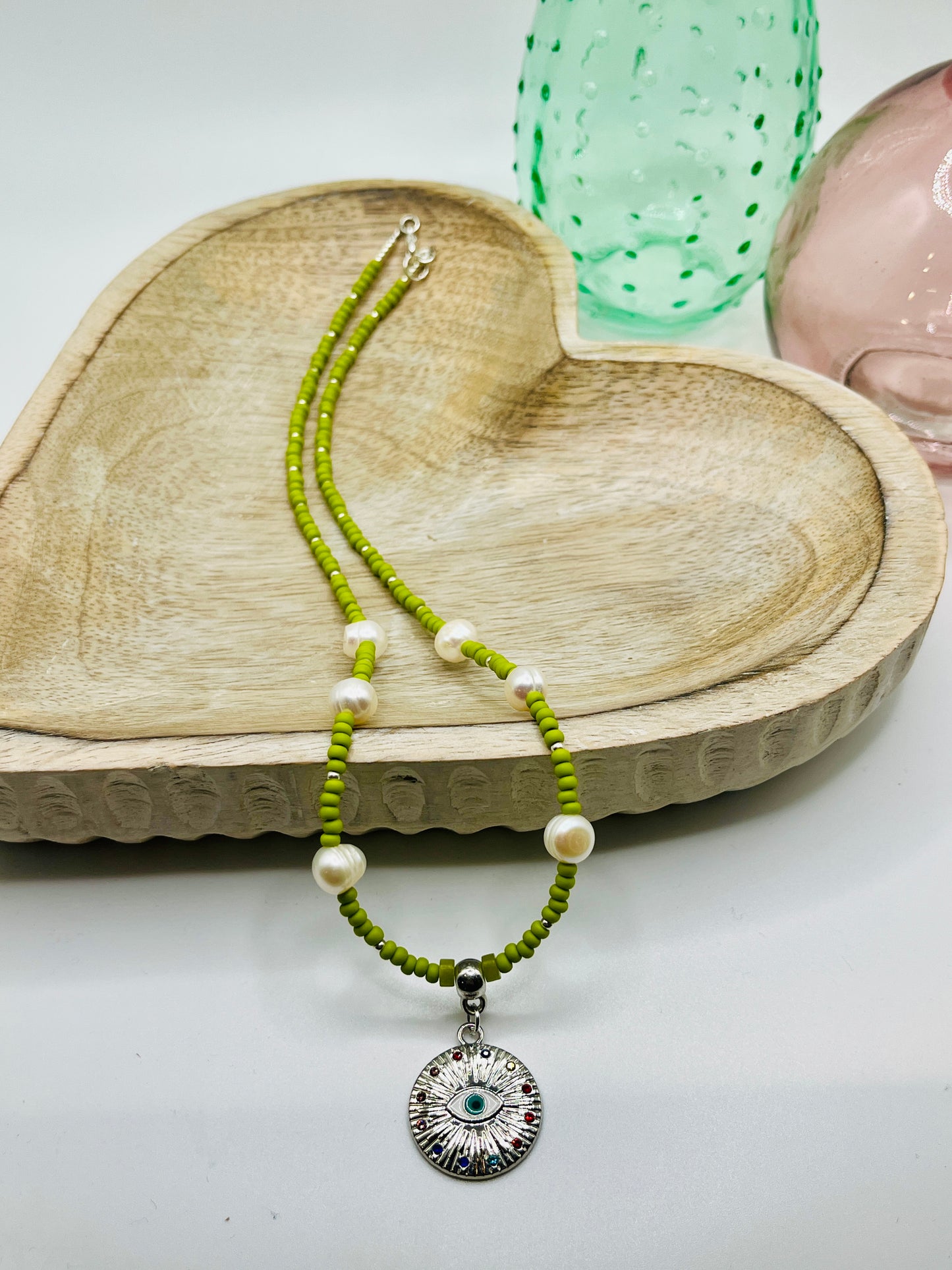 Chartreuse Seed Bead and Pearl with Silver Charm