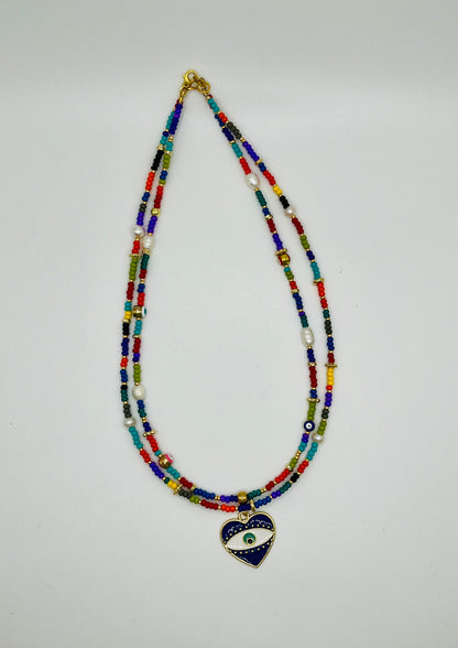 Mixed Seed Bead Double Strand with Blue Evil Eye