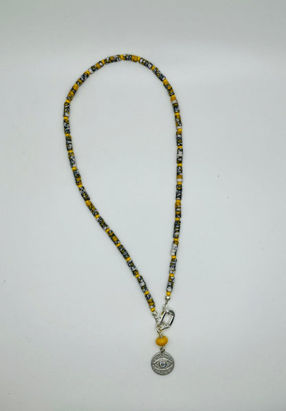 Howlite and Yellow Bead Necklace with Silver Charm