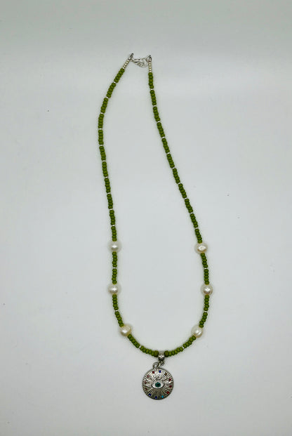 Chartreuse Seed Bead and Pearl with Silver Charm