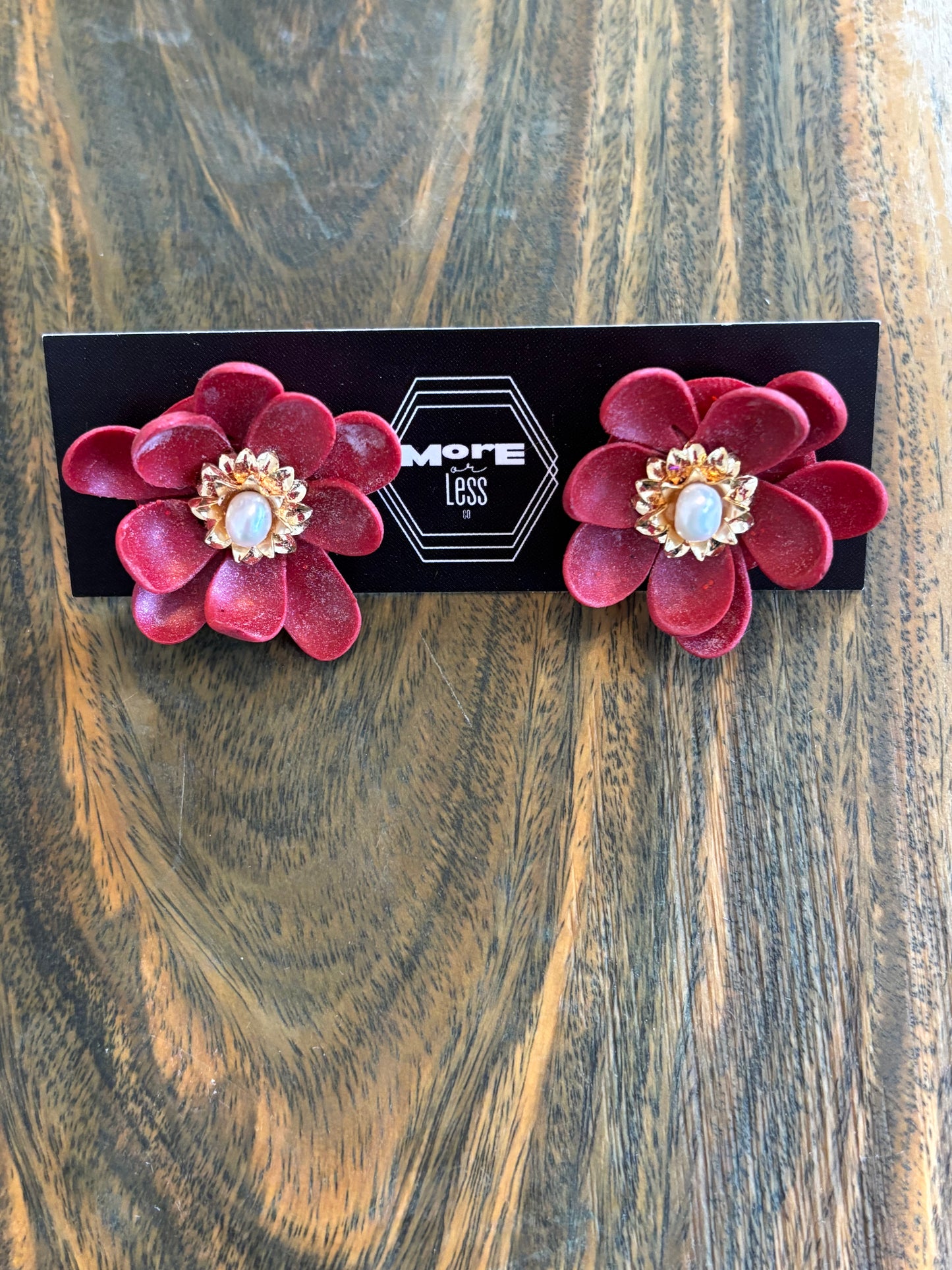 Handmade Red Flower Studs with Pearl Centers