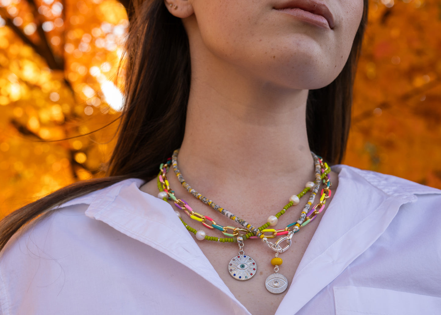 Howlite and Yellow Bead Necklace with Silver Charm