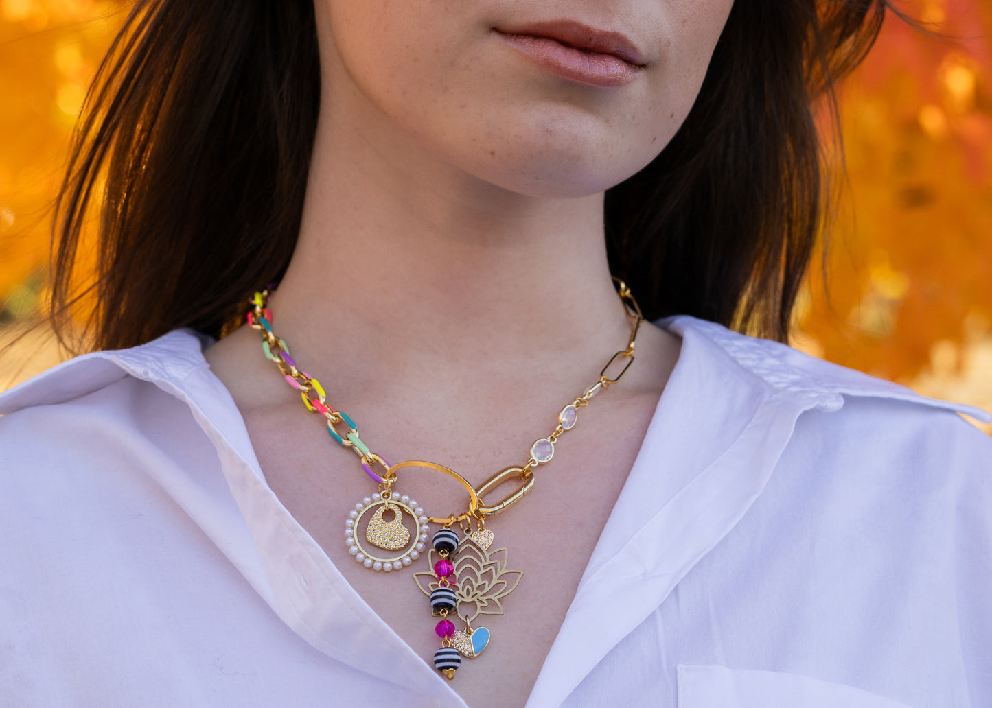 Enamel Chain and Charms Necklace